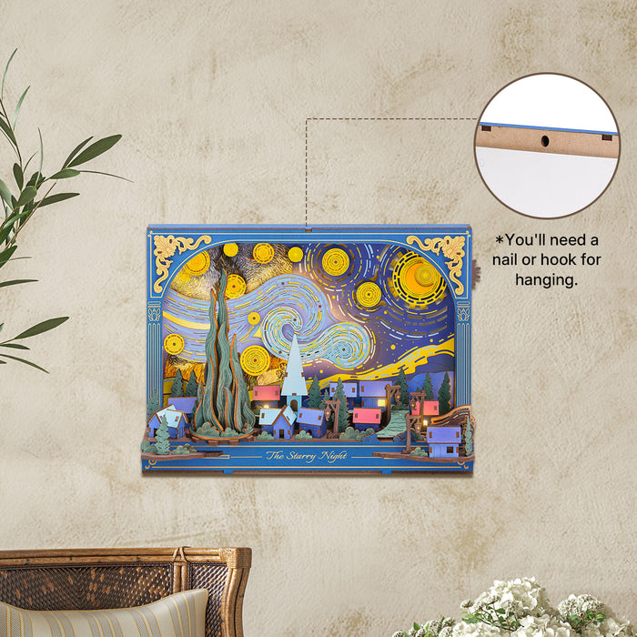 Rowood The Starry Night Wall Art 3D Wooden Puzzle TH003 mounted on a beige wall, showing the Van Gogh-inspired swirling blue sky with gold stars, with a wall-hanging hook detail inset