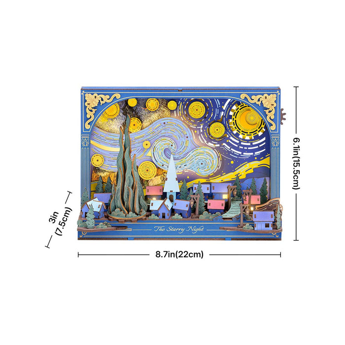 Rowood The Starry Night TH003 completed model with dimension callouts, 8.7 by 6.1 inches, blue village and swirling sky