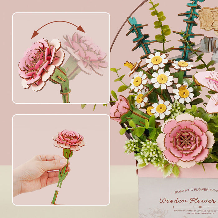 Rowood Dahlia Flower Basket assembly detail showing a pink rose bloom and daisy collage in two panel close-up views