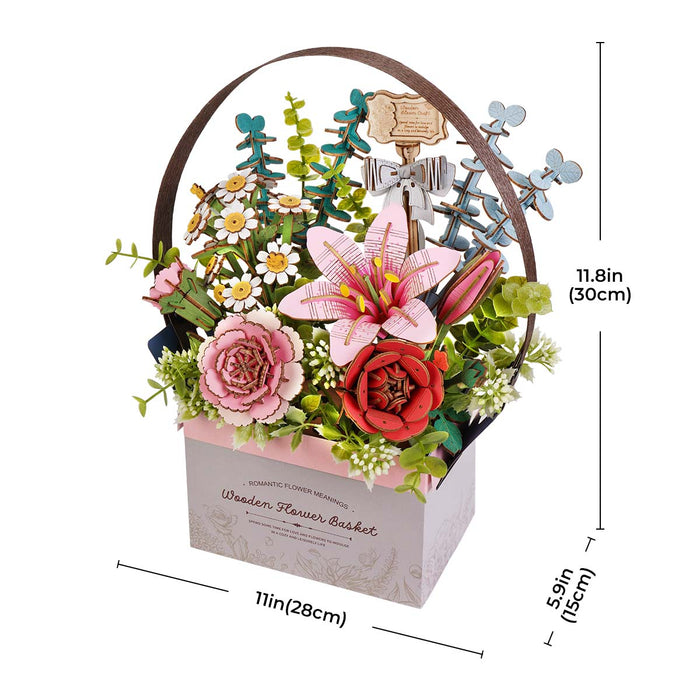 Rowood Dahlia Flower Basket wooden bouquet with dimension labels showing 11 by 8 by 5 inches on a white background