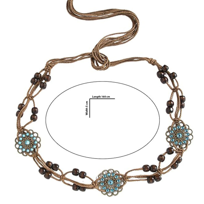 Rustic Rhapsody Brown Macrame Belt with Floral Accents