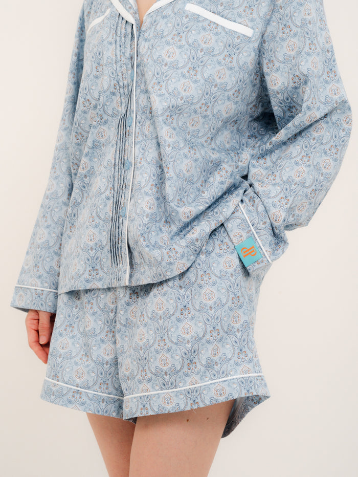 Close-up of the signature sailor collar on the PEKGEE Sailorette pyjama set. Double-layer bra-free friendly front pocket detail on the PEKGEE Sailorette pyjama set.