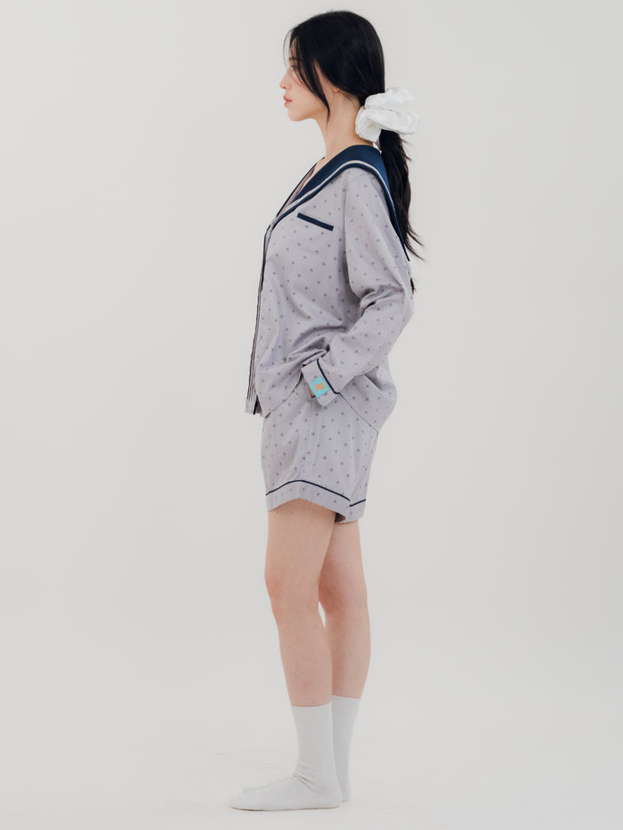 Side view of PEKGEE Sailorette Twilight Calm pyjama set showing relaxed fit.
