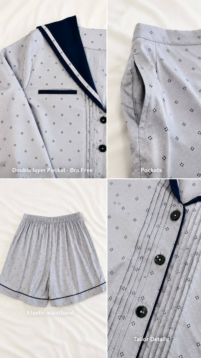 Close-up of the PEKGEE Sailorette pyjama set featuring the signature sailor collar, double-layer bra-free friendly front pocket, functional pants side pocket, comfortable back elastic waistband, and precise tailored stitching details.