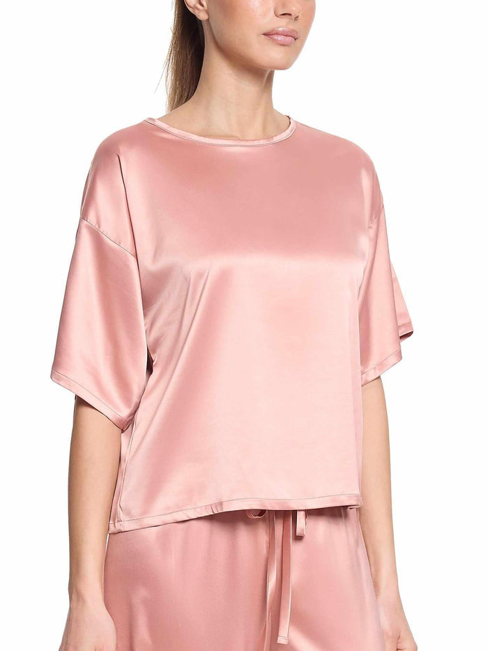 Rose Latte Pink Satin Sleep Tee - Front View On Model, Relaxed Fit Stretch Satin | Hanky Panky