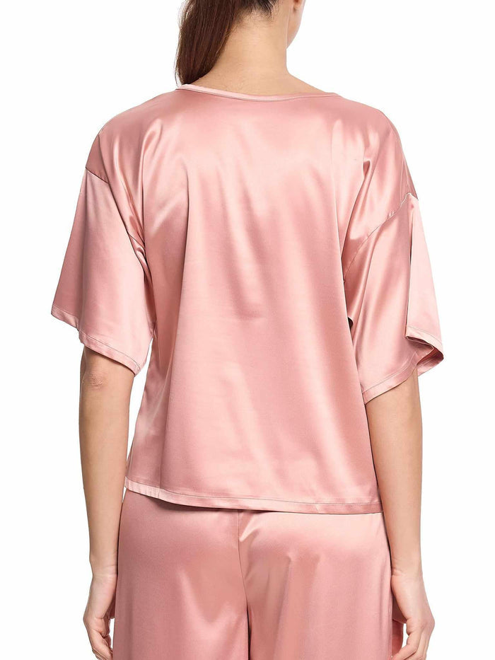 Rose Latte Pink Satin Sleep Tee - Back View On Model, Relaxed Boxy Silhouette | Hanky Panky