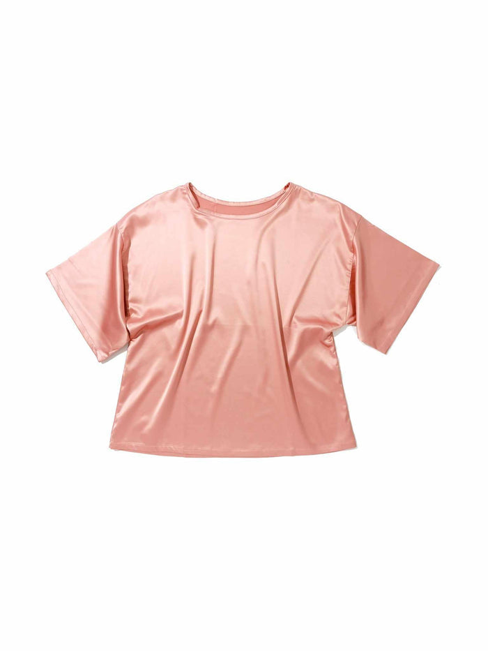 Rose Latte Pink Satin Sleep Tee - Flat Lay, Crew Neck Short Sleeve Stretch Satin Top | Hanky Panky