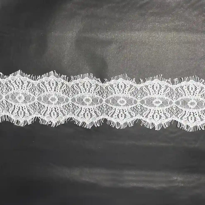 White Scalloped Edge Eyelash Lace Trim with Intricate Floral Design for Crafting and Sewing