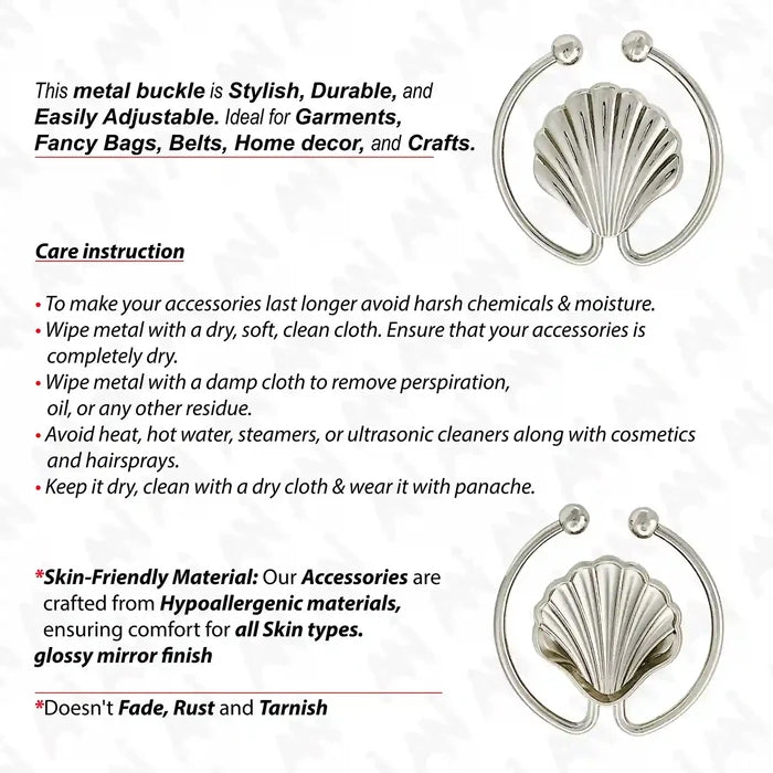 Ani Accessories Scalloped Shell Metal Buckle front and back image with text infographic in the white background.