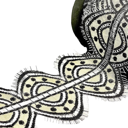 Ani Accessories Decorative Black and White Fabric Trim with intricate pattern and fringe detailing