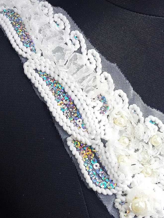 Ani Accessories macro closeup of sequins pearl round neckline emphasizing intricate craftsmanship