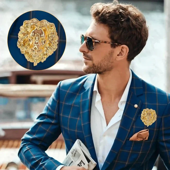 Elegant gold lion brooch on a stylish suit, perfect accessory for a sophisticated look