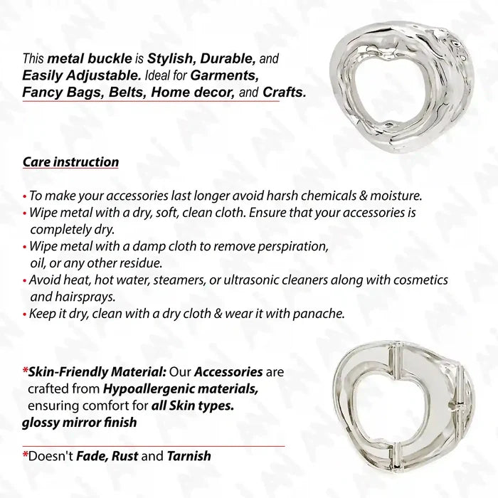 Ani Accessories Shiny Silver Metal Buckle front and backside image with care instruction  written on the white background.