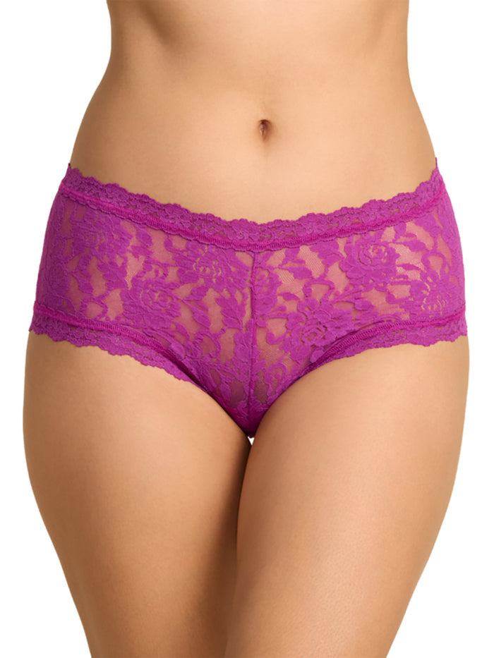 Signature Lace® Boyshort in boysenberry purple, sheer floral lace boyshort panties front view on model | Hanky Panky