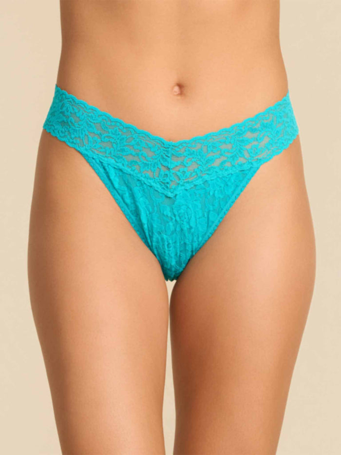Model wearing Signature Lace® Original Rise Thong in Turkish Tile Blue - Front View | Hanky Panky