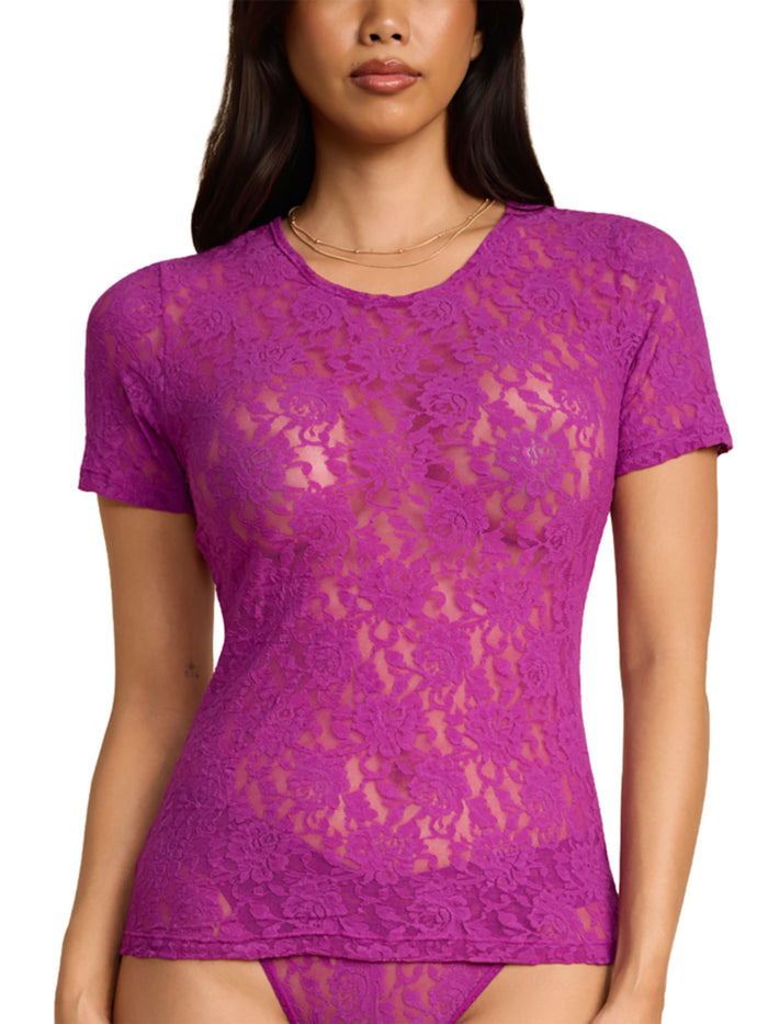 Model wearing Signature Lace® Short Sleeve Top Boysenberry Purple - Sheer Lace Front Close-Up View | Hanky Panky