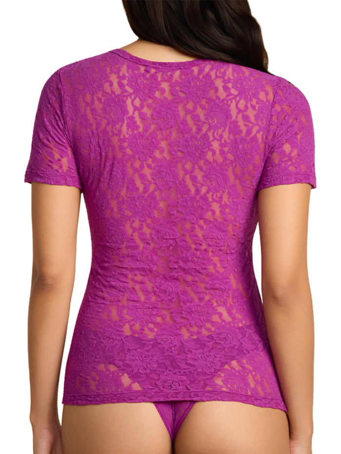 Model facing back wearing Signature Lace® Short Sleeve Top Boysenberry Purple - Sheer Lace Back Detail | Hanky Panky