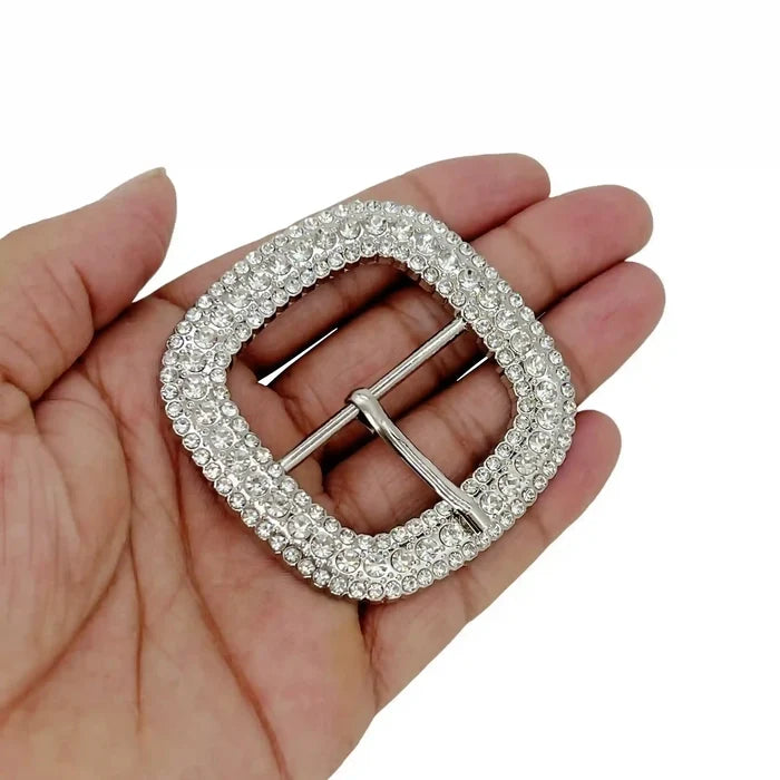 Silver Rhinestone Prong Metal Buckle