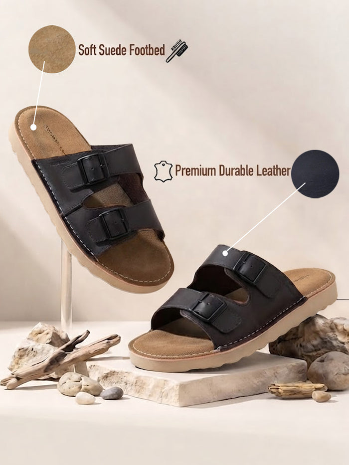 Solace Black  Double Buckle Sandals | Premium Casual Slippers with Suede-Textured Footbed |TC-2760BL