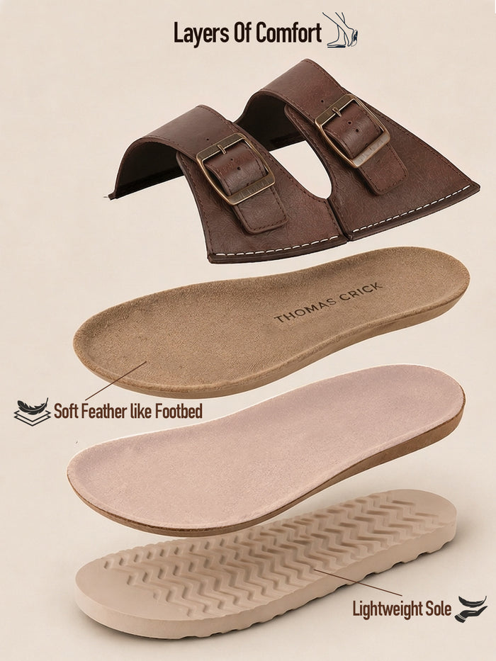 Solace Brown  Double Buckle Sandals | Premium Casual Slippers with Suede-Textured Footbed |TC-2760BR