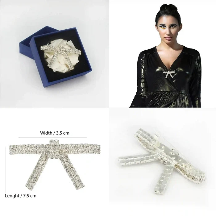 Elegant Sparkling Rhinestone Metal Brooches for Women displayed on a blue box with model wearing it