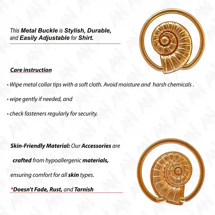 Ani Accessories Spiral Shell Gold Shiny Buckle front and back image with care instruction in a white background.