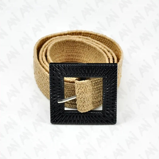 Square Black Textured Buckle Raffia Belt