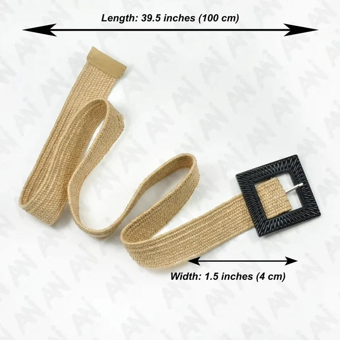 Square Black Textured Buckle Raffia Belt