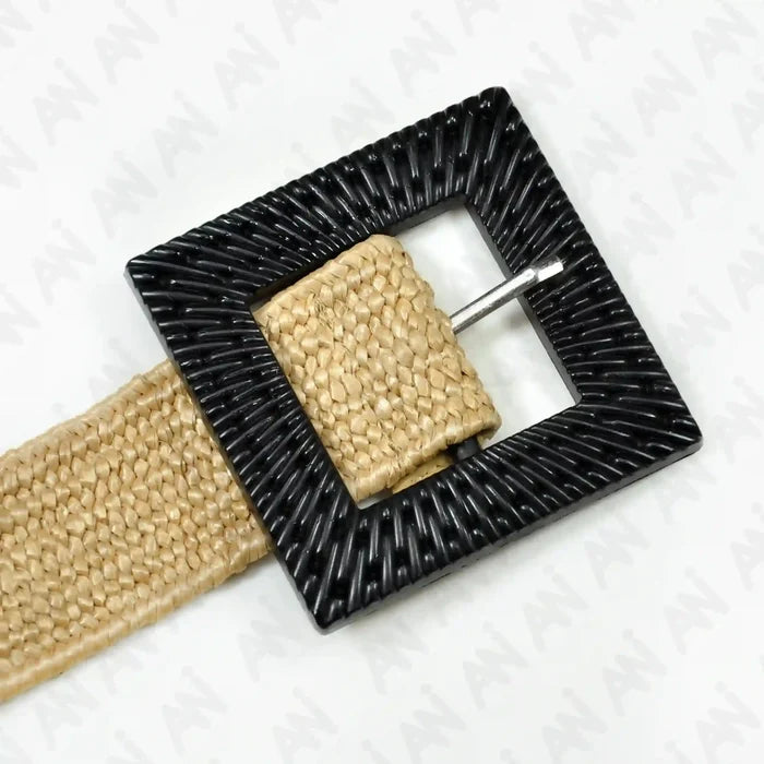 Square Black Textured Buckle Raffia Belt