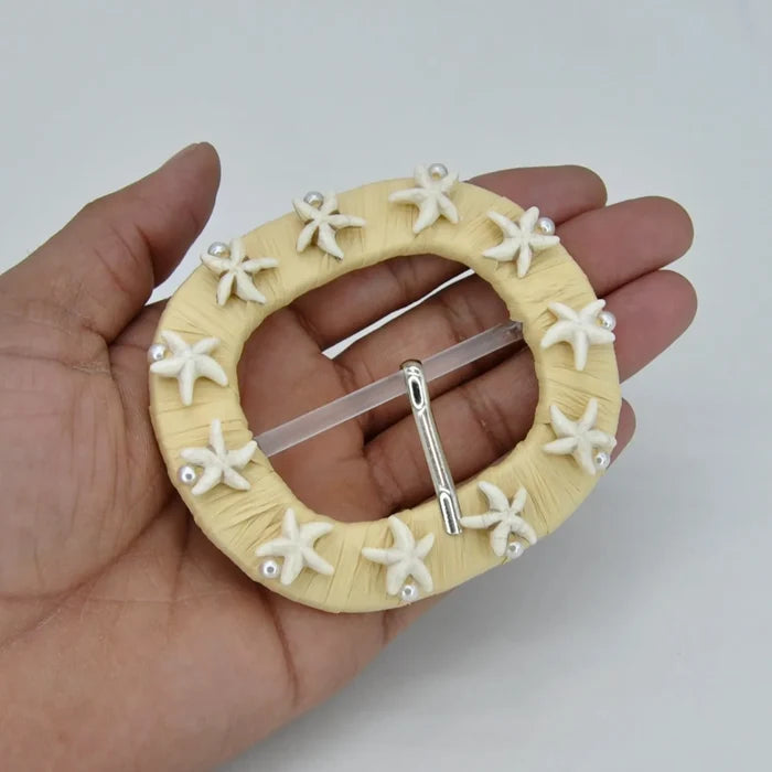 Starfish & Pearl Shell Embellished Raffia Buckle