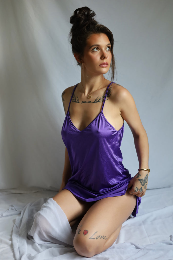 Violet satin camisole nightdress with thin straps and ruched skirt