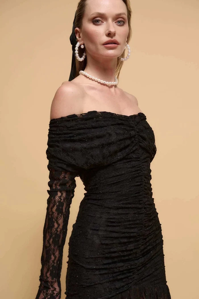 Starlit Romance Studded Lace Off-Shoulder Dress - ShopPromesa