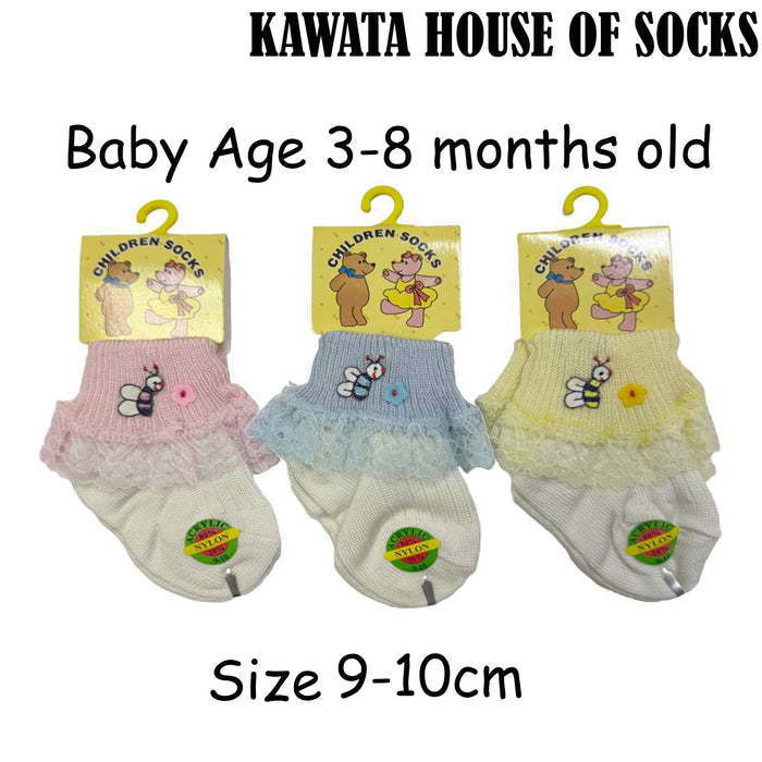 Stock Clearance 3 Pairs Baby Bee Lace Socks Age 3-8 months old Size 9-10cm
