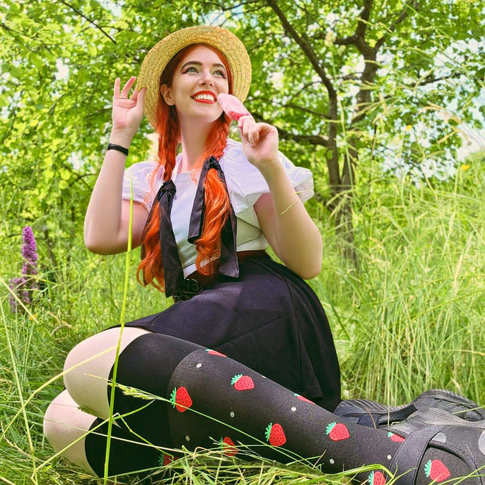 Strawberry Mock Sock Tights - Black
