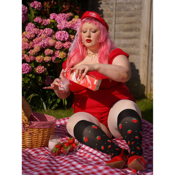 Strawberry Mock Sock Tights - Black