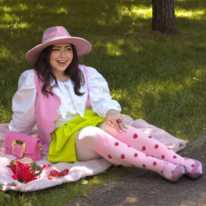 Strawberry Mock Sock Tights - Pink
