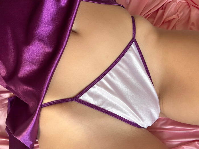 White satin bikini panties with purple-trim triangle cut and string side ties
