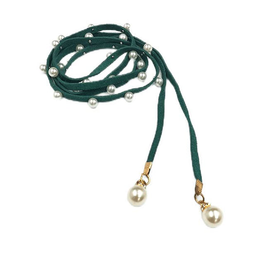 Ani Accessories Suede belt with decorative pearl with pearl tassels. These pearl style suede belt for women is perfect for styling with adjustable belt for jeans, dress & belted shirt dress.
