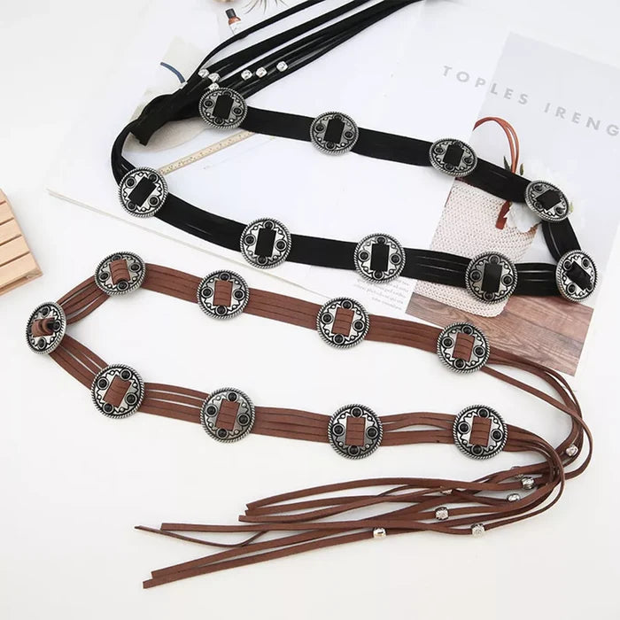 Ani Accessories women’s belt made from brown and black suede with boho metal concho accents, shown on a clean white background.