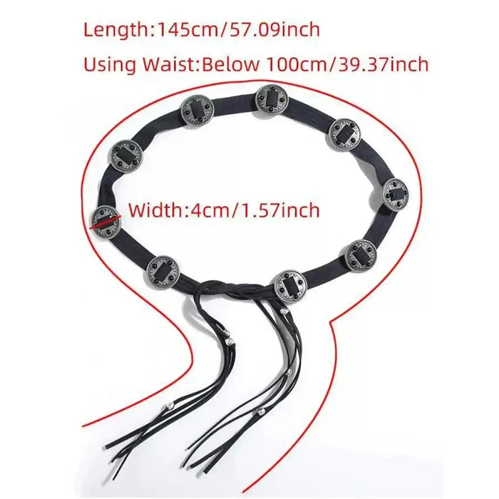Ani Accessories Black suede belt with  decorative metal coin, shown size details measurements on a white background. A perfect womens boho belt for jeans & dresses.