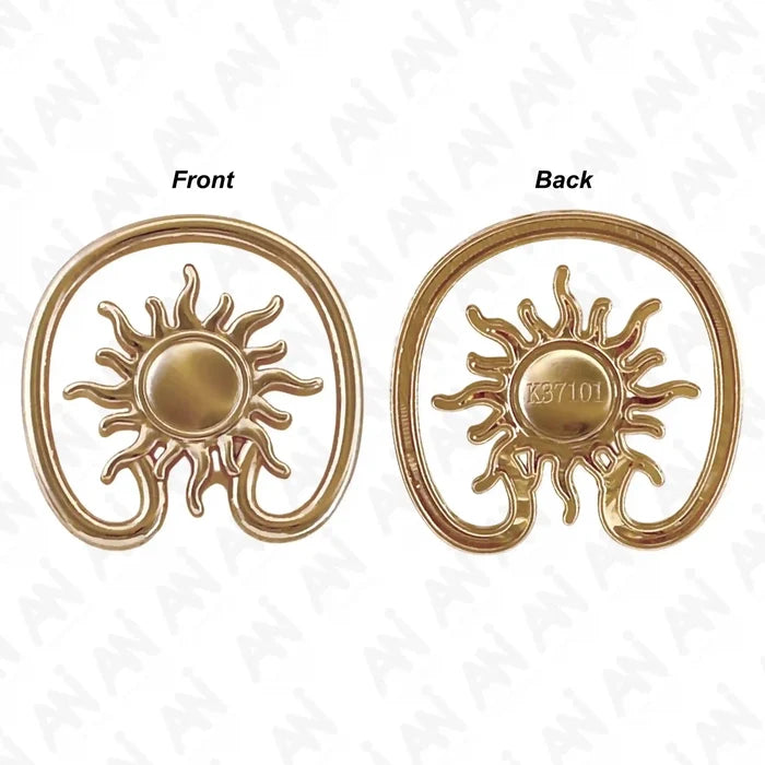 Ani Accessories Sun Spiral Golden metal Buckle front and back image of the buckle in white background.