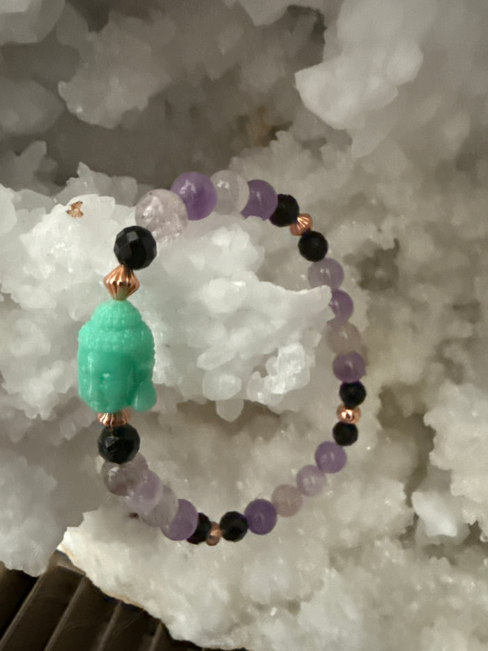 Super 7, Black Tourmaline, Copper & Buddha Protection Bracelet – Size Medium/Large 7.5”