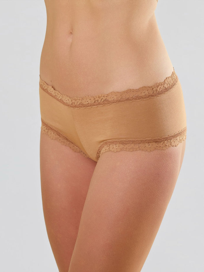 Sun Tan Supima® Cotton Boyshort with Lace Trim - Side Angle On Model | Hanky Panky