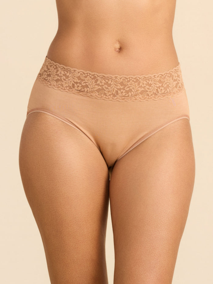 Sun Tan Supima® Cotton French Brief with floral lace waistband - Front View | Hanky Panky