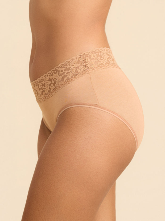 Sun Tan Supima® Cotton High-Cut French Brief lace waistband and full coverage - Side View | Hanky Panky
