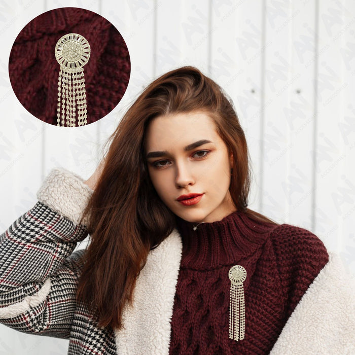 Tassel Rhine Stone Silver Brooch for Men & Women Fashion worn on a stylish sweater