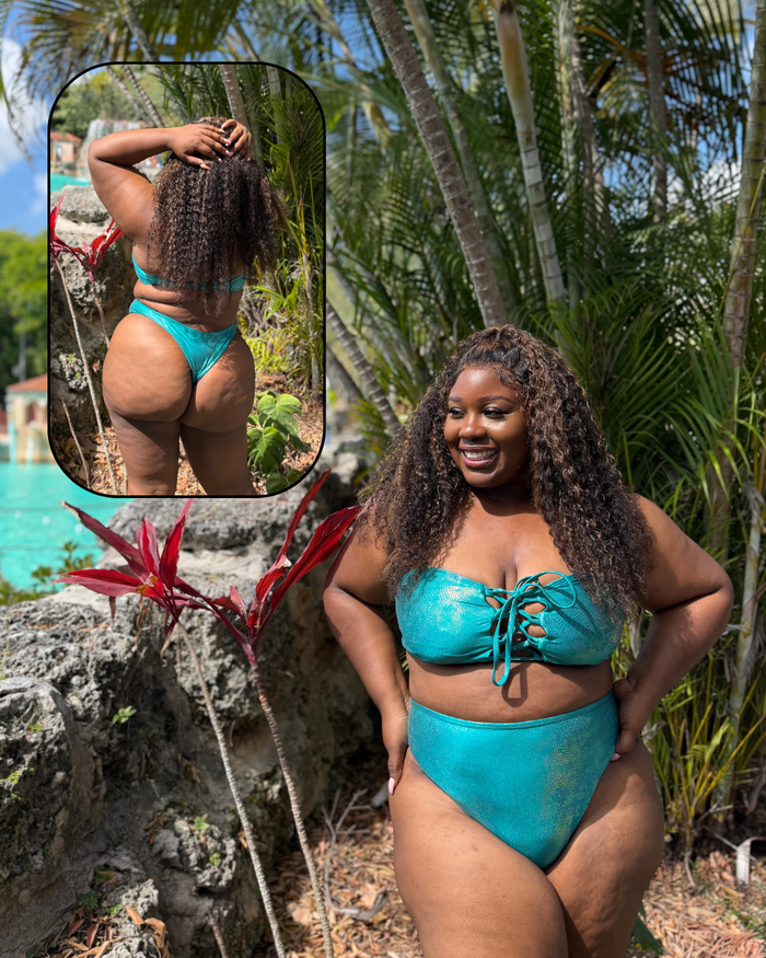 Teal Shimmer High Waist Cheeky Bikini Bottom