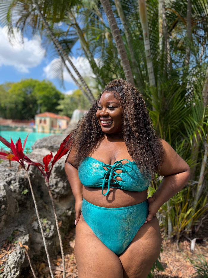 Teal Shimmer High Waist Cheeky Bikini Bottom