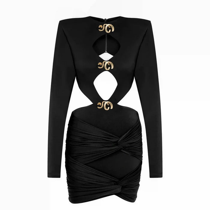 Ani Accessories texture Spiral Loop Gold Buckle on the black dress in a white background.