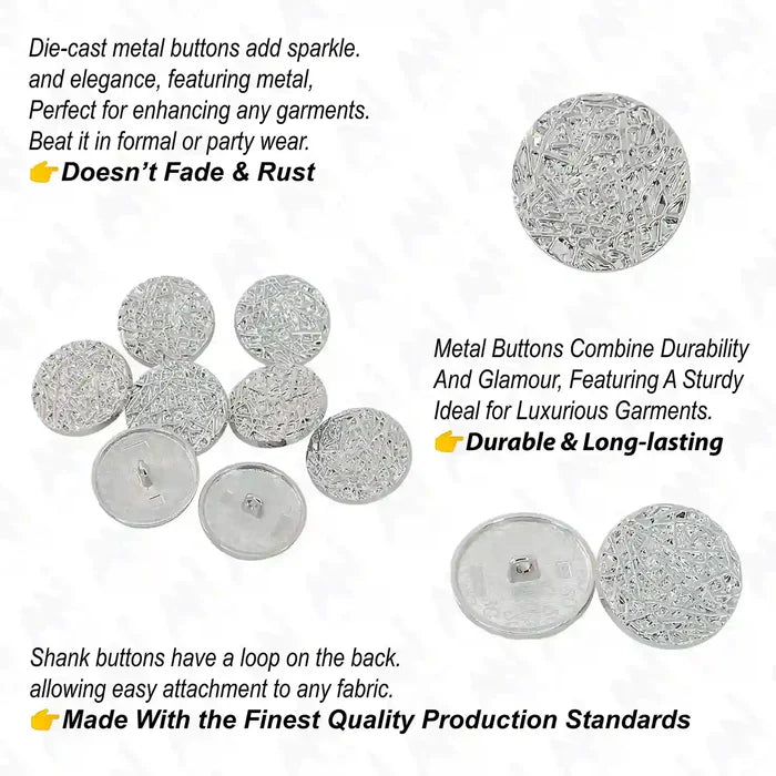 Textured Design Matte Silver Metal Buttons | 25mm(40L)
